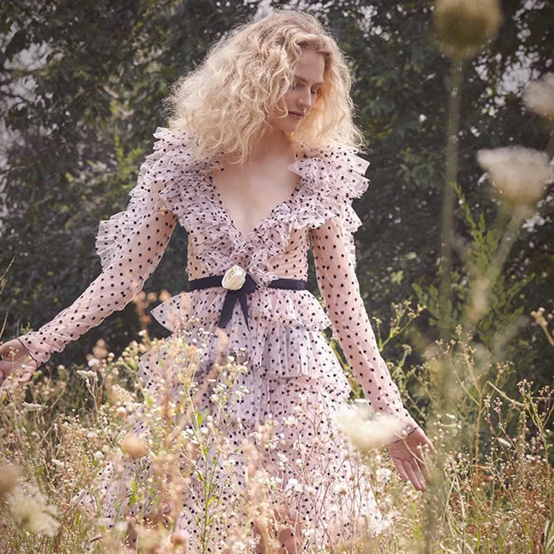 

Spring Runway Designer Dress 2019 Women Elegant Ruffles Long Sleeve Pink Polka Dot Mesh Dress