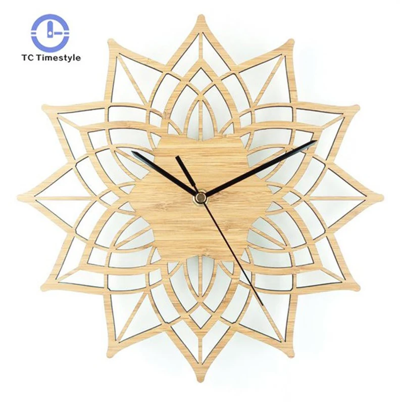 

Natural Wood Lotus Modern Wooden Wall Clock Fashion Creative Bamboo Wall Hanging Watch Quartz Mute Clocks