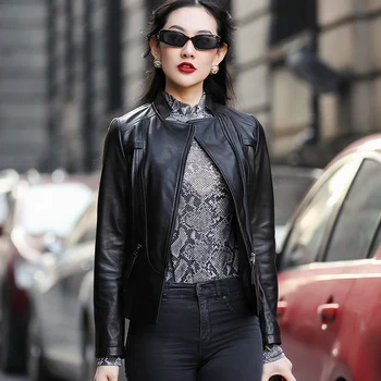 

PTSLAN 2019 Women's Natural Leather Lambskin Jacket Female Genuine Sheepskin Jackets Coat Motorcycle P5204