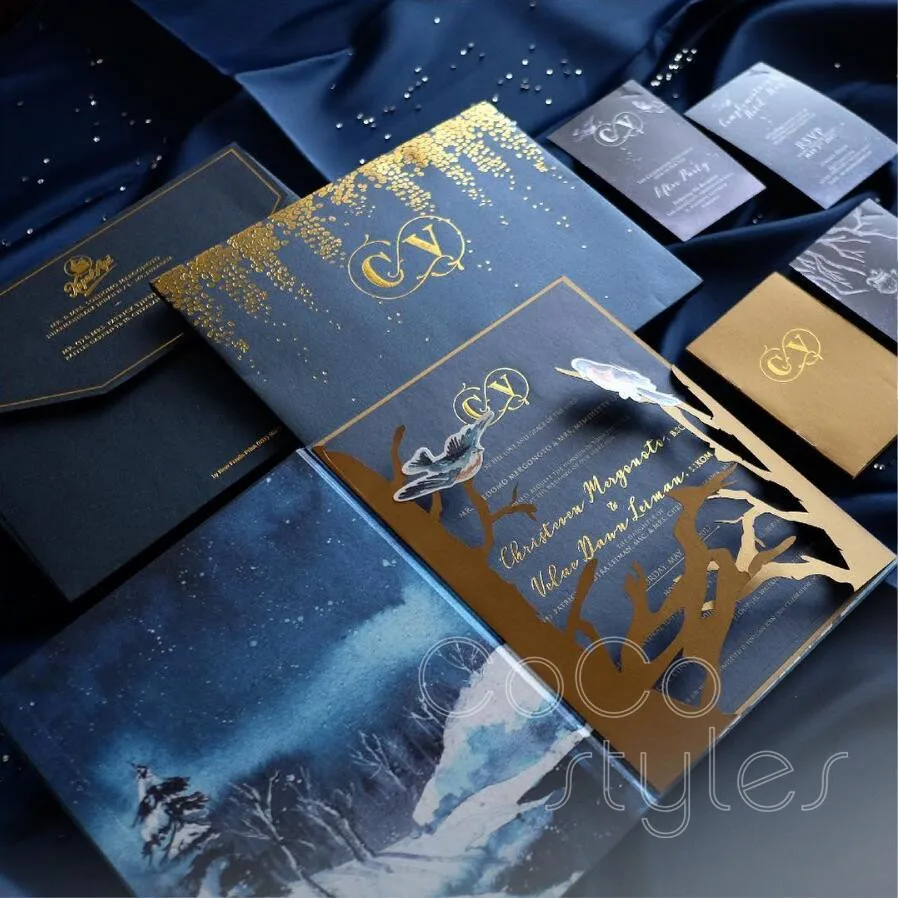  Cocostyles bespoke creative gold foiling navy invitation card with snowflake and bird for winter we - 32878332914