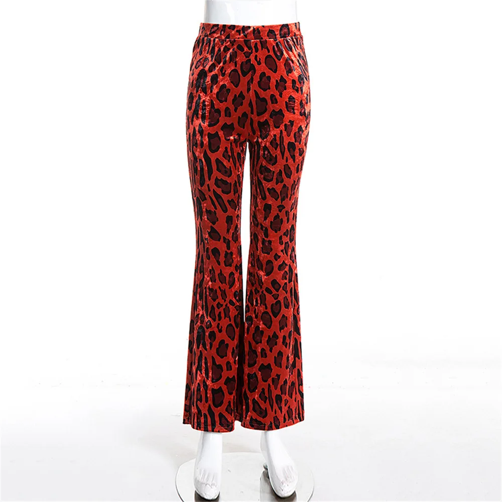Новые осенние женские расклешенные брюки леопардовые расклешенные брюки с высокой талией красные брюки Полная длина Сексуальная уличная одежда женские обтягивающие брюки - Цвет: Красный
