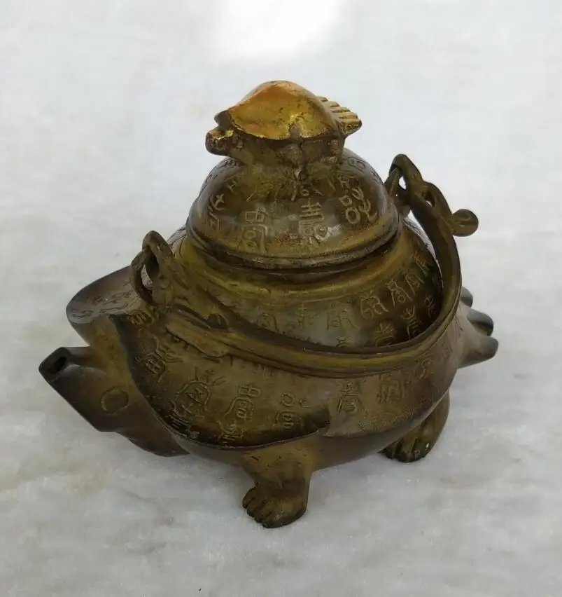 

Long 12CM, Antique collection chinese old bronze double tortoise Tea pot home art decoration Metal pot