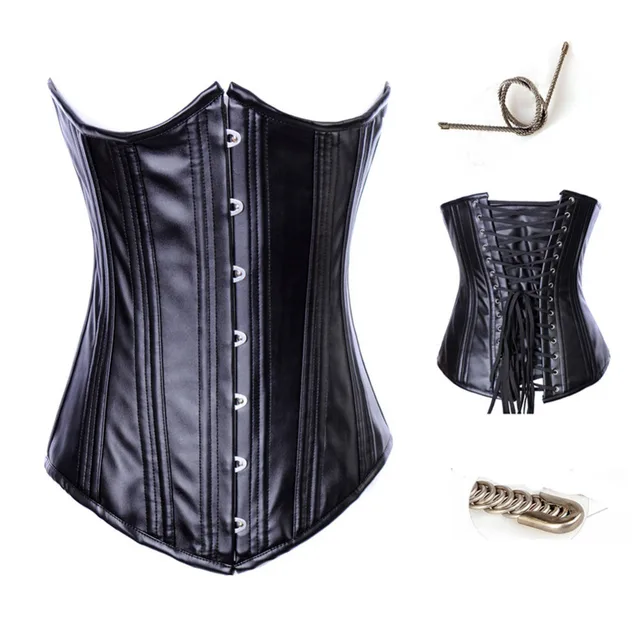 Black Faux Leather Gothic Zipper Underbust Corset Steampunk Clothing 