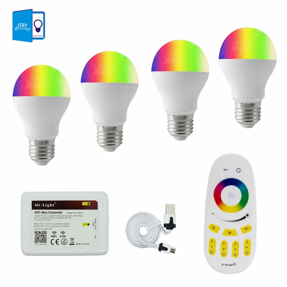 

[DBF]4pcs 2.4G 6W RGB White LED Light Bulb Lamp E27 base lamp Mi Light RGBWW/RGBCW Series & Four Zone Remote & wifi controller
