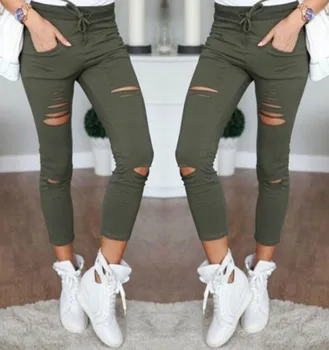

New 2019 arrival Women Casual Skinny Stretch Slim Fit Hole Pencil Pants Trousers Leggings Army Green White Black