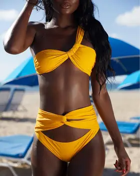 

Sexy Twisted One Shoulder Push Up Brazilian Bikini Set Women Ruched Bikinis Swimwear Cut Out High Waisted Swimsuit Bathing Suits