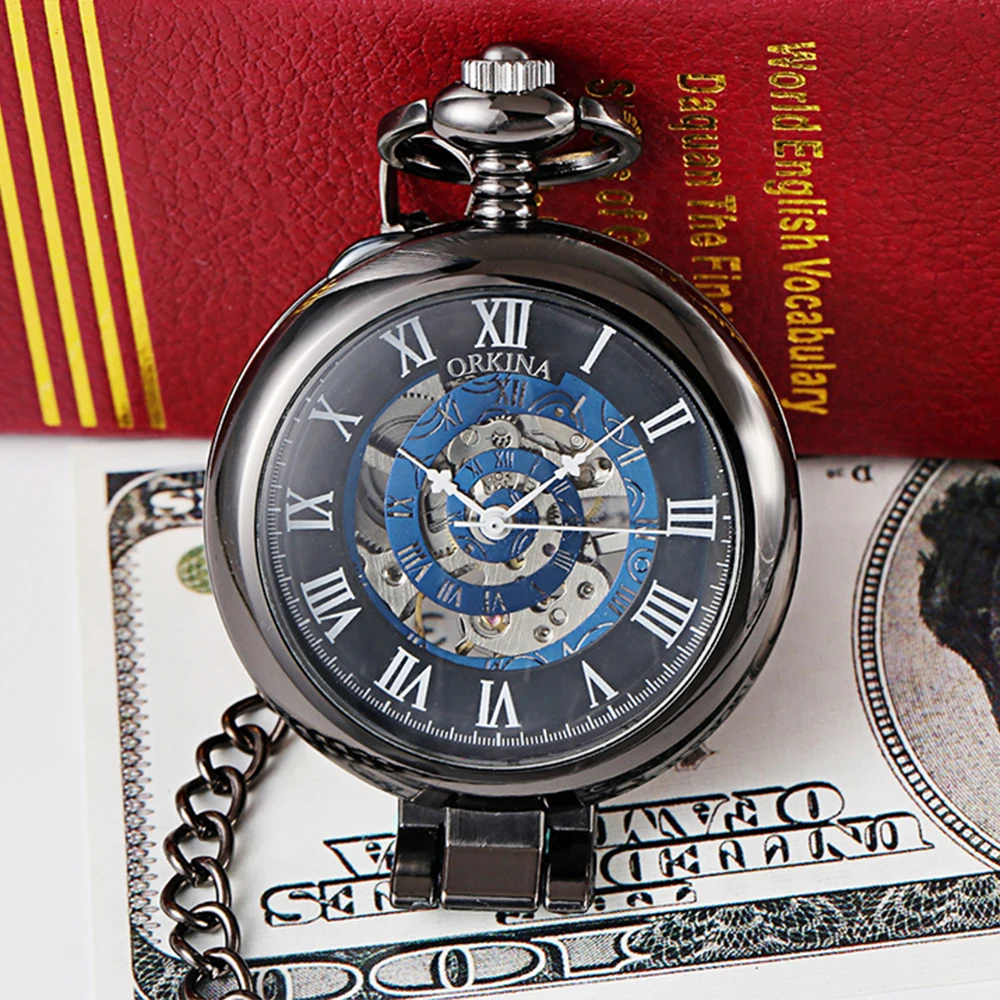 

Orkina Gift Men Women Steampunk Skeleton Mechanical Gold Hand Wind Luminous Roman Clock Pocket Watch Fob Magnifier Pocket Watch
