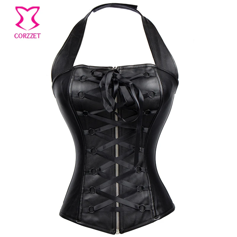 

Gothic Black Lace Up Front Closure Corset Leather Halter Top Espartilhos E Corpetes Corsets and Bustiers Sexy Steampunk Clothing