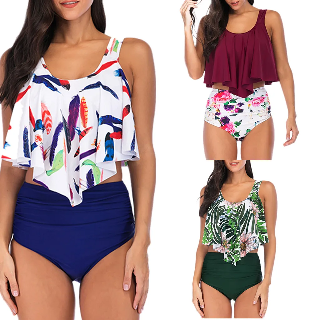 

bikini 2019 Women's Plus Size Lotus Leaf Print Swimsuit High Waist Split Bikini bathing suit women high waisted biquini @5