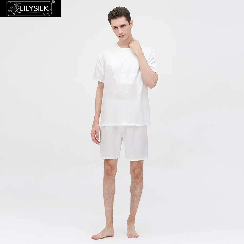 LilySilk комплект коротких пижам 22 Momme Простая мужская одежда с вырезом лодочкой - Цвет: White