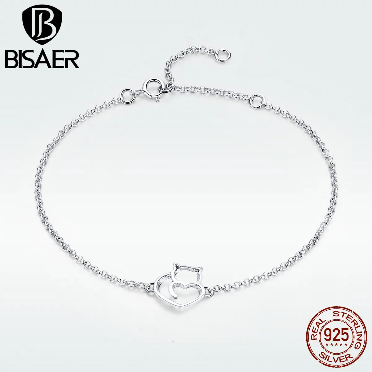 BISAER серебряные браслеты для женщин 925 пробы Серебряный спящий кот животное браслет для девочки подарок Argent Bijoux Femme HSB102