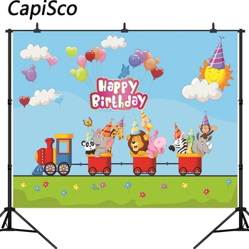 

Capisco Balloons Train Animal happy Birthday Baby Photography Backgrounds Customized Photographic Backdrops For Photo Studio