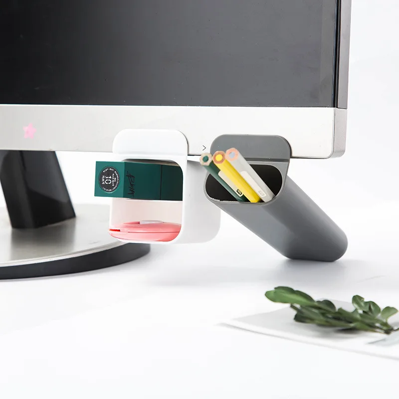 

1pc Creative Desktop Monitor Paste Type Pen Holder Multifunction Office Desk Debris Stationery Pen Storage Box