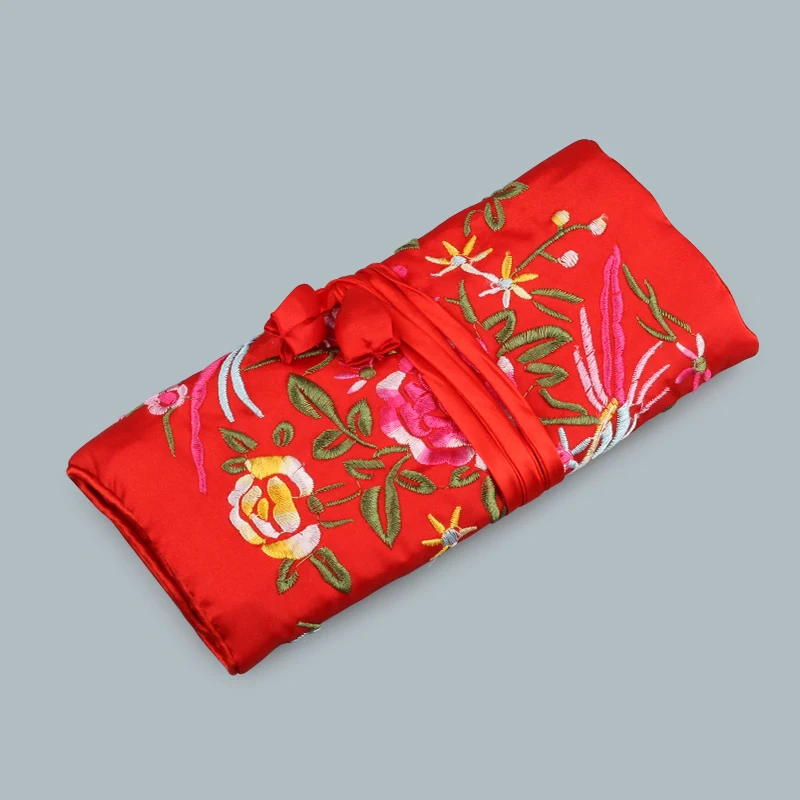 Portable Silk Cosmetic Set Jewelry Travel Rolls Pouch Gift Bag Coin Purse Vintage Embroidery Jewelry Organizer Handbag 3 Zippers