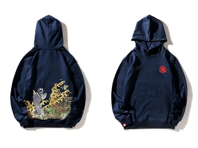 Embroidery Carp Fish Waves Printed Hoodies 1