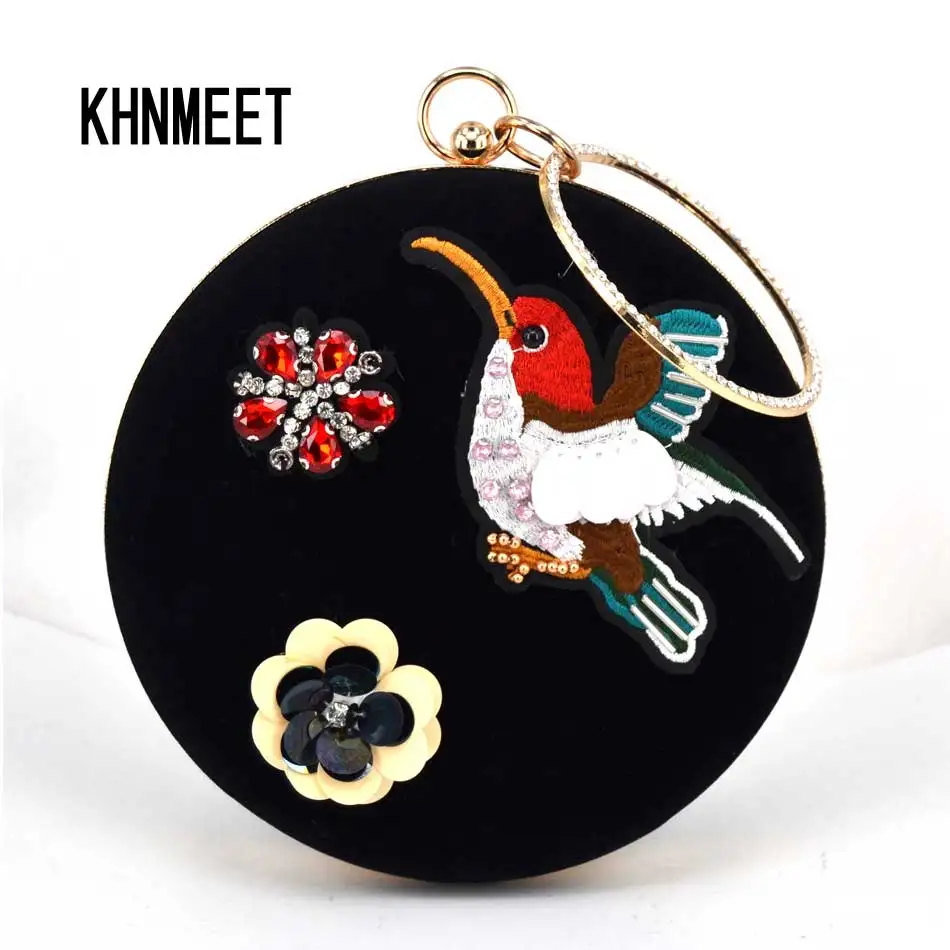 

2 Color Beige Black Velvet Women Purse Crystal Flower Embroidering Bird Party Clutch Bag Ladies Prom bag Female Evening Bag 1604