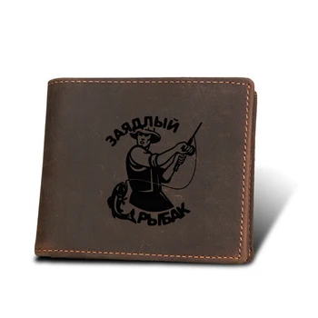 

Genuine Leather Wallet Men Zip Coin Purses Multi Functional Card Holders purses Engraved Picture Avid fisherman Small Wallet
