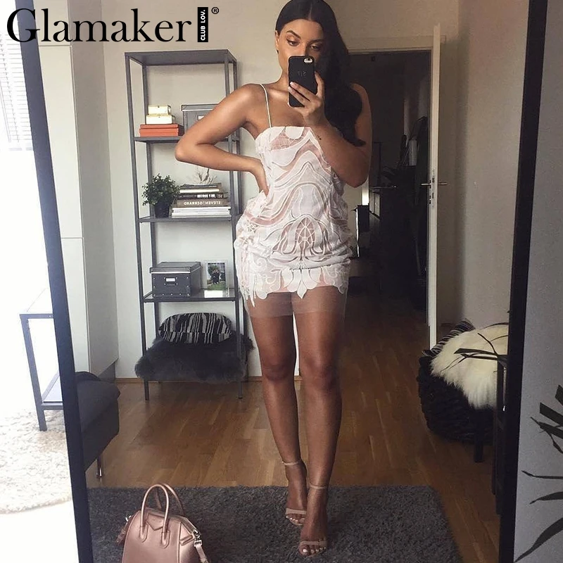 Женский сетчатый сарафан Glamaker белый кружевной мини с открытой спиной вечерние