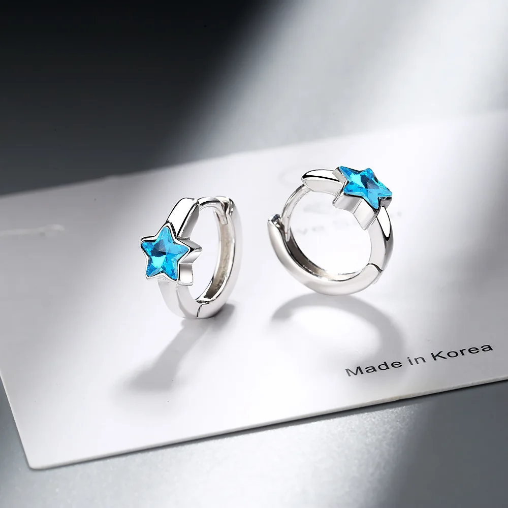 New 925 sterling silver Blue Crystal Hoop Earrings Stars Design Earring For Women Korea Japan Party Jewelry oorbellen
