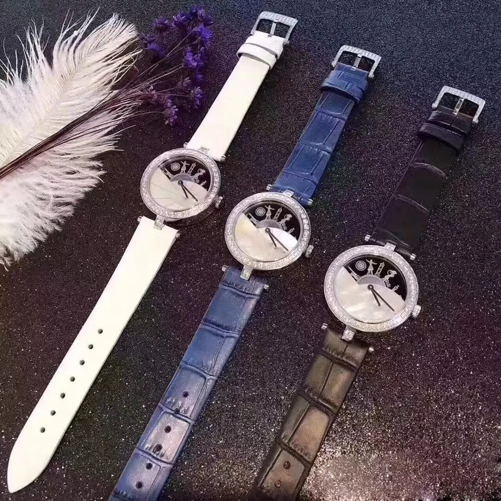 

Lady Genuine Leather watchband zircon Stone Quartz Wristwatch Paris A day round Dial watch for women