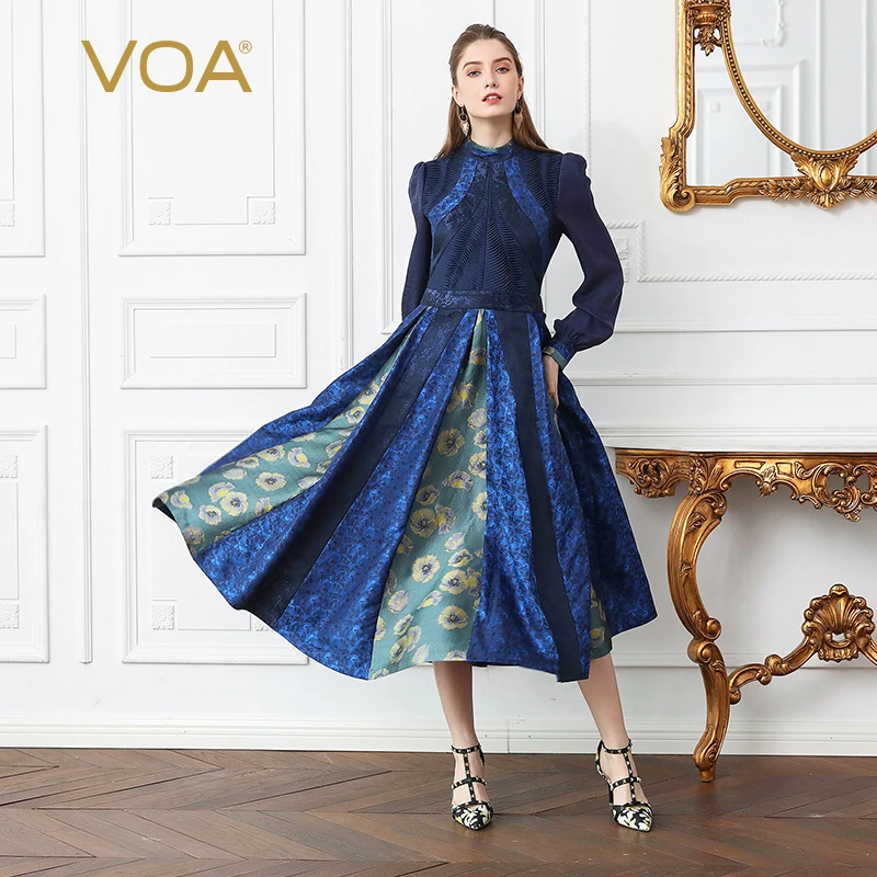 

VOA Silk Jacquard Brocade Pleated Dress Women Plus Size 5XL Tunic Slim Floral Print Lantern Long Sleeve Vintage Navy Blue A172