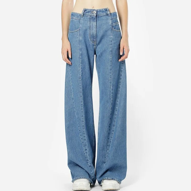 TWOTWINSTYLE лоскутные джинсы женские с высокой талией Асимметричные Длинные широкие брюки для женщин Весенняя Повседневная мода - Цвет: blue