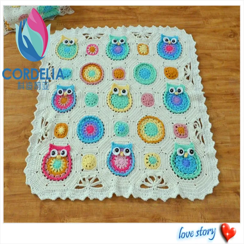

2016 new arrival 100% natural cotton crochet vintage chic lovely owl blanket for baby use cotton thread cushion with colored