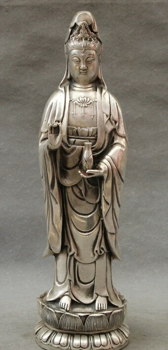 

13" Chinese Silver Buddhism Lotus Kwan-Yin Guan Yin Goddess Statue Buddha Joss