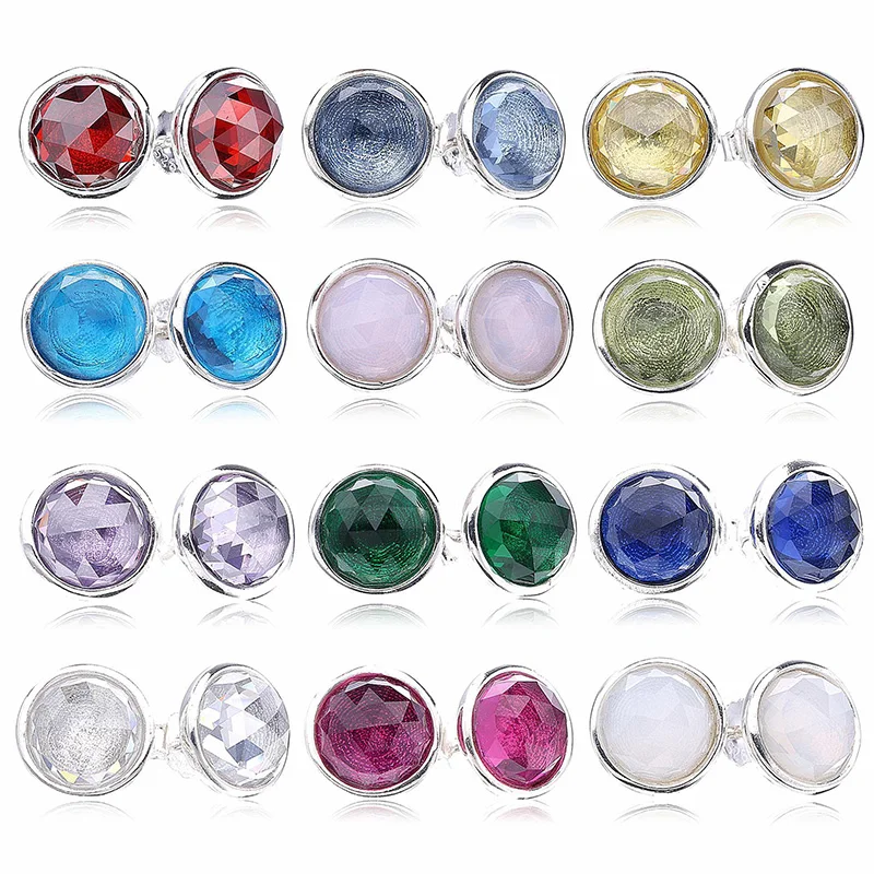 

925 Sterling Silver Stud Earrings Twelvemonth Style 12 Color Round Earrings For Women Wedding Jewelry HER366