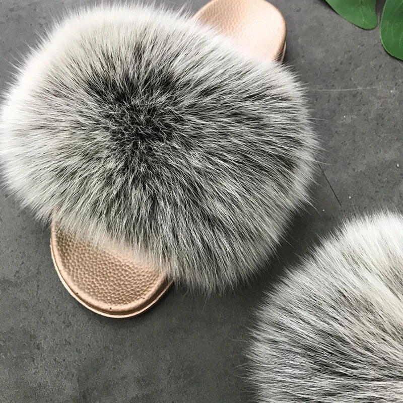 Yu Kube High Quality Plush Furry Real Fur Slippers N Ladies Real Fox Hair Slides Summer Shoes Women Plus Size Flip Flops