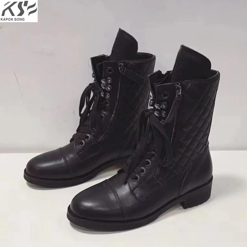 Baratos Botas de cuero genuino de diseñador de invierno de marca de diseñador de lujo de moda femenina botas de invierno de cuero real para mujer