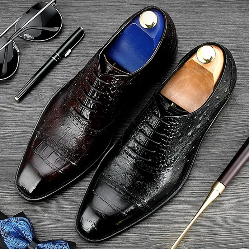 Luxury Square Toe Man Formal Dress Wedding Shoes Ostrich Pattern Genuine Leather Lace up Oxfords