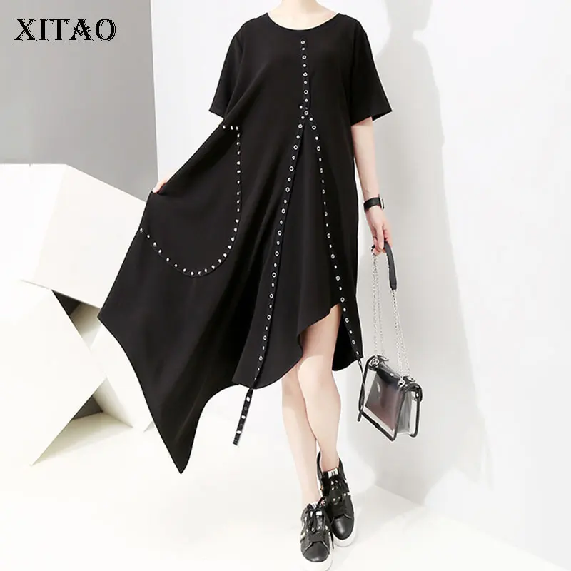 XITAO Split Irregular Black Midi Dress Gold Wild O Neck Patchwork Summer New Korea Fashion Pullover Slim Short Sleeve ZLL3671 | Женская