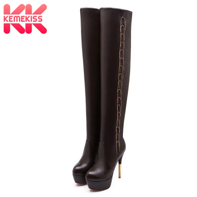 

KemeKiss Fashion Women High Heel Boots Platform Chain Warm Fur Shoes Women Winter Over Knee Boots Sexy Party Footwear Size 33-43