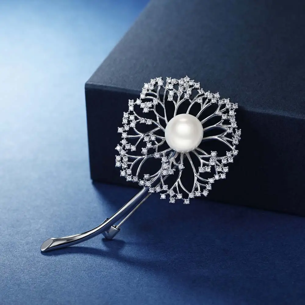 Viennois Fashion Jewelry Sliver Color Simulated Pearl Dandelion Zircon Brooch Pins for Women Lady