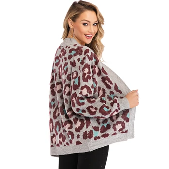 

Cute Knitted Lantern Sleeve Leopard Cardigan for Women Kawaii Ladies Vintage Knit Cosy Loose Cheetah Cardigan Coat Oversized