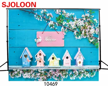 

Blue board children background Spring flowers Log cabin Photography backdrops Fond studio photo vinyle Photo background 10469