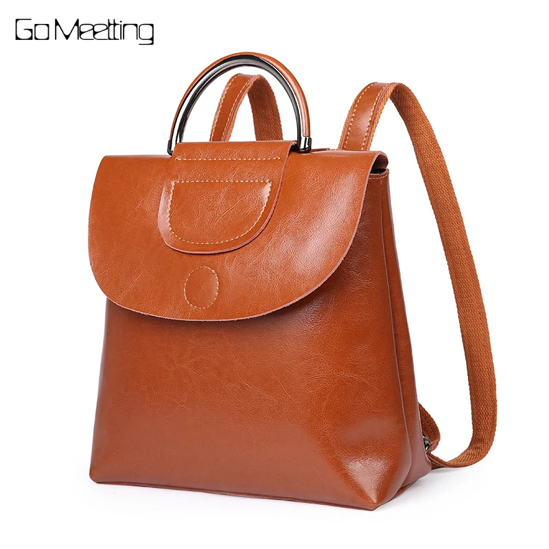 

Go Meetting Genuine Leather Women Backpacks for Female Oil Wax Vintage Backpack Cow Leather Ladies Double Shoulders Bags Bagpack