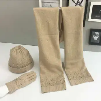 

WZCX 2019 New Hot Drilling Solid Color Autumn Winter Gloves Casual Tide Women Neckerchief Knitted Hat