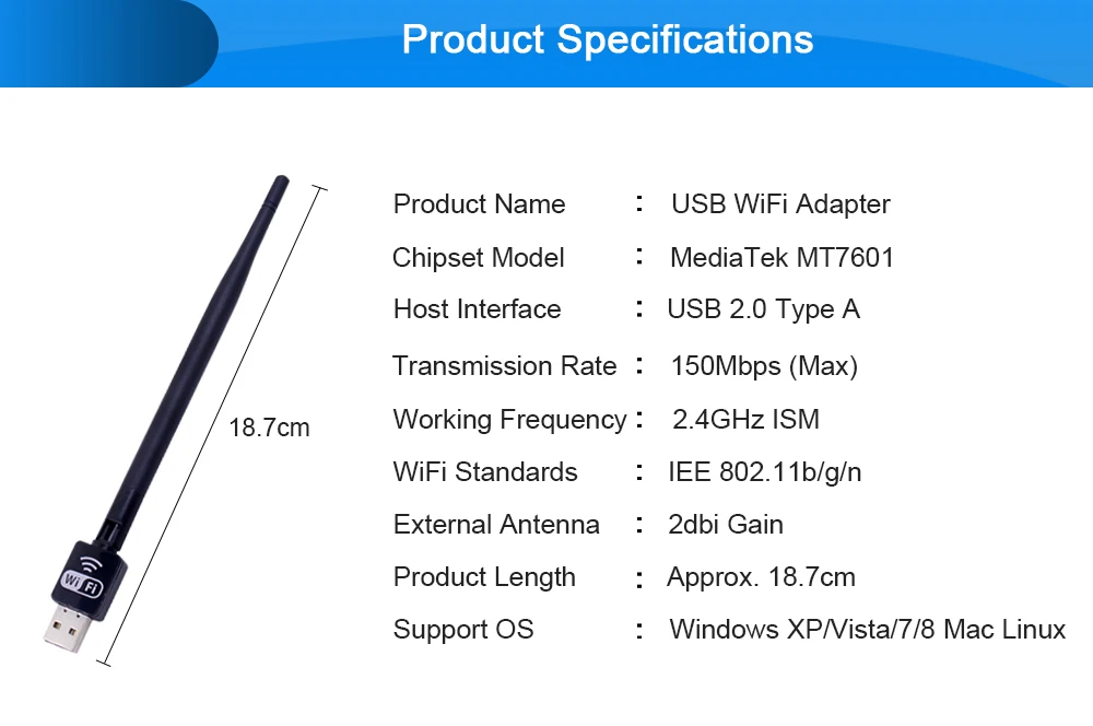 CHIPAL 150 Мбит/с USB WiFi приемник адаптер MT7601 сетевая карта беспроводная антенна 802.11b/n/g высокоскоростной USB 2,0 Lan Ethernet