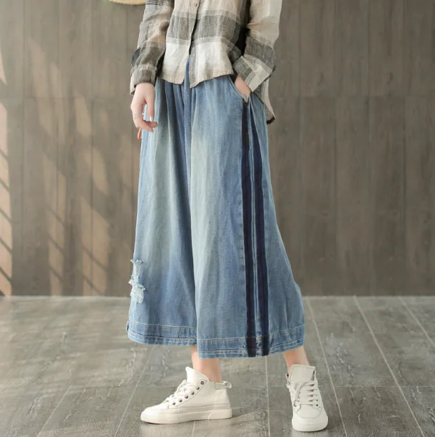 BUYKUD Women Elastic Waist Jeans Woman Boyfriend Wide Leg Side Striped 2019 Summer Hole Denim Mom Korean Pants |