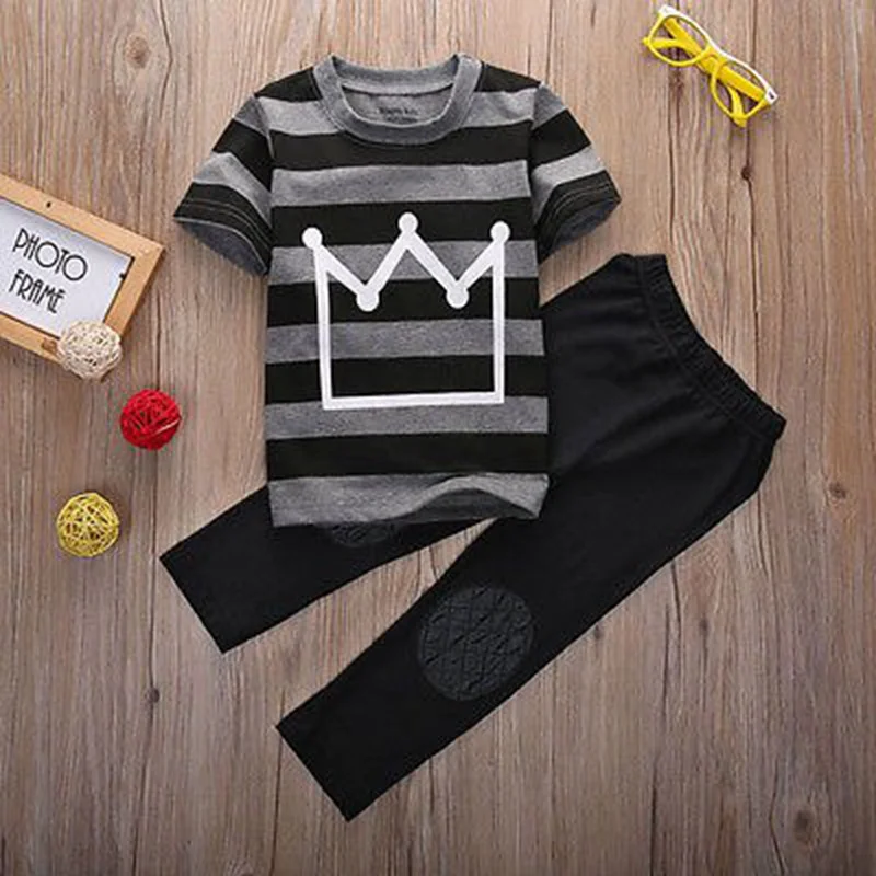 

Summer Baby Toddler Kids Boys Striped Crown Printed Short Sleeve Tops T-shirt Pants 2PCS Casual Cute Outfits Set Tracksuit