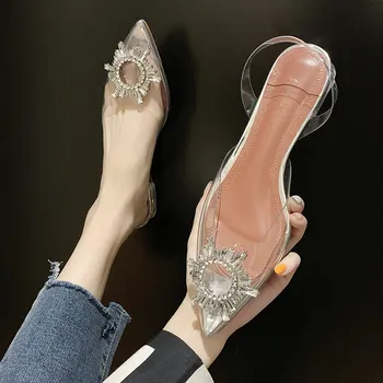 

Summer Women Transparent Crystal Sandals Jelly Shoes Woman Pointed Toe High Heels Ladies Fashion Slip On Casual Female Footwear