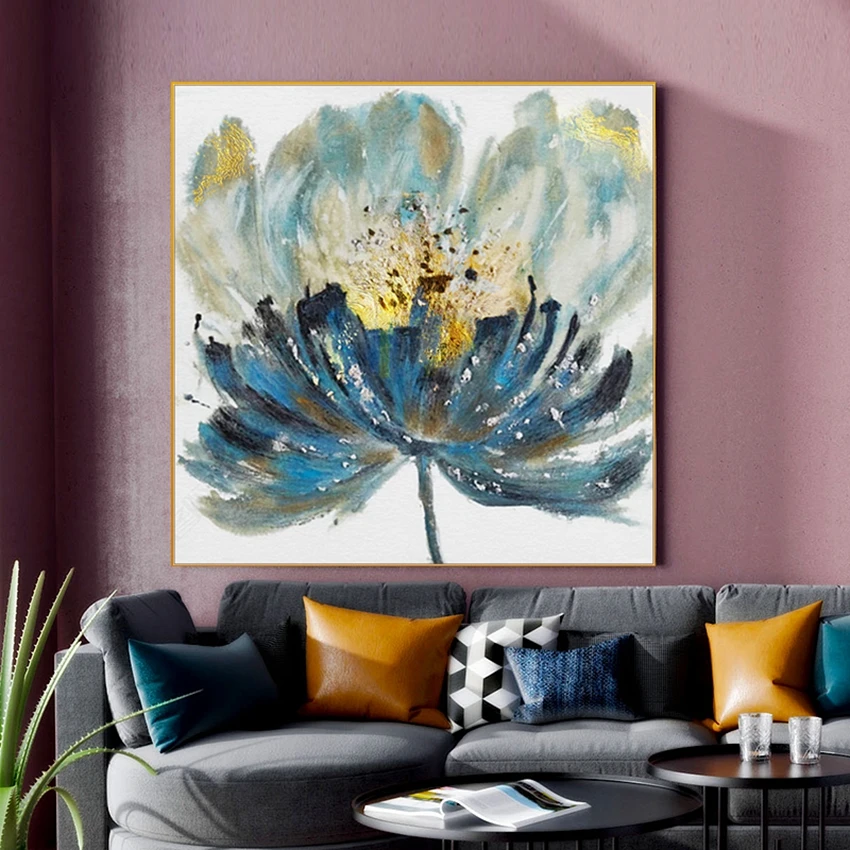 Большие размеры Ручная роспись Абстрактная живопись маслом на холсте акриловые синие цветы Настенная художественная картина для гостиной комнаты для еды домашний декор
