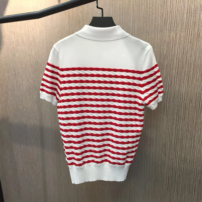 

2019 fashion hollow out stripes knitting t-shirt women short sleeve turn-down collar sweet top tees