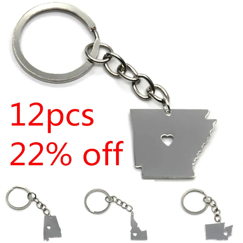 

US State map keyring silver tone New york Washington Mississippi Indiana Hawaii New jersey Arkansas Alabama Louisiana...