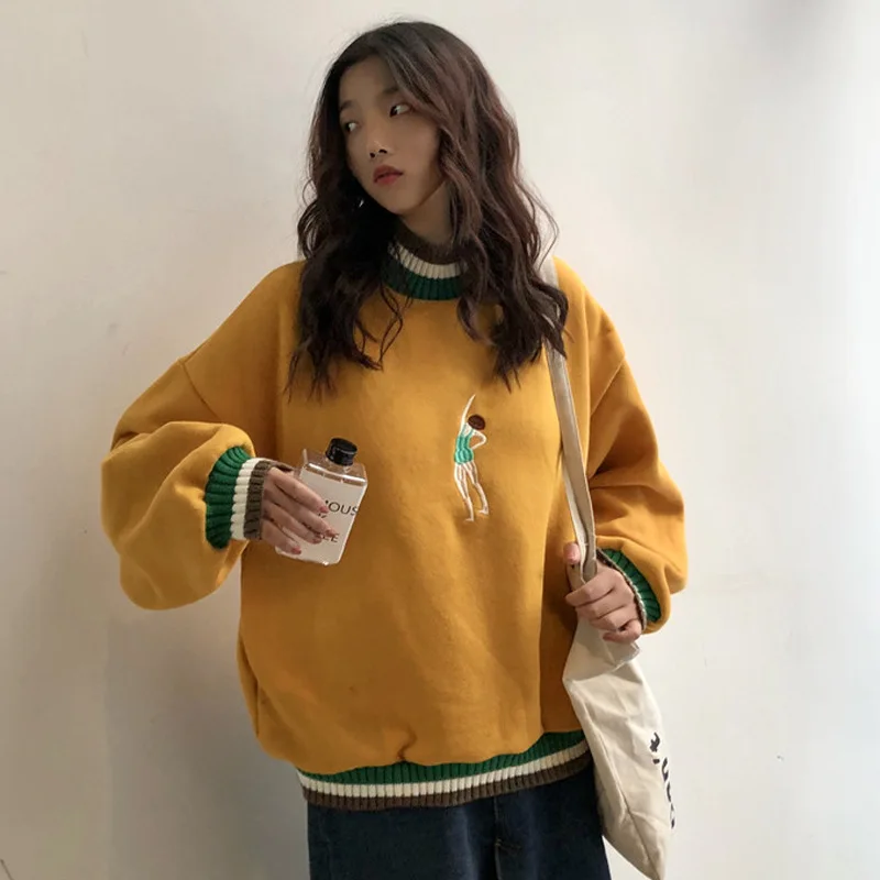 

Mr.nut autumn and winter new Korean version of the color matching embroidery small thick loose hooded hoodie women