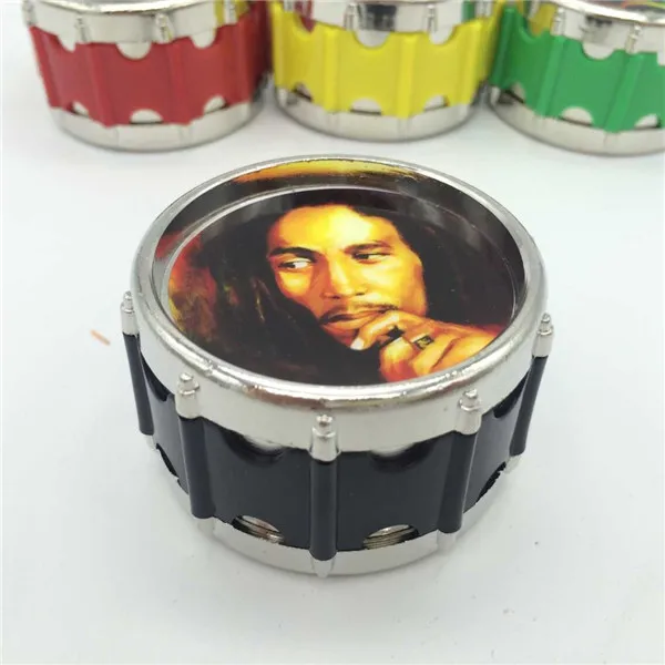 

Hot 1 PC 2.04 '' 3 layer Drum Shape Metal Tobacco Herb Grinder BOB MARLEY Smoking Spice Pollen Grinders Red Green Black Yellow