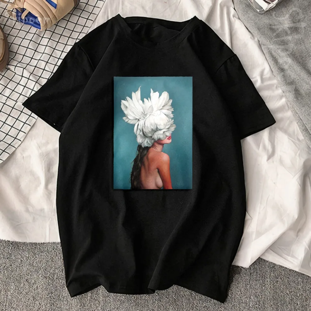 

New Cotton Harajuku Aesthetics Tshirt Sexy Flowers Feather Print Short Sleeve Tops & Tees Fashion Casual Couple T Shirt