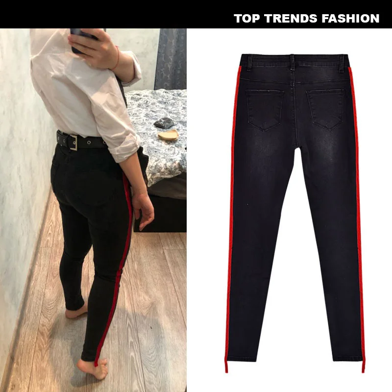 Женские Эластичные черные джинсы с высокой талией, две стороны, с большой красной нашивкой, Необычные узкие брюки